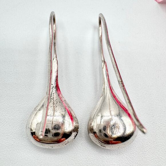 Silver Puffy Teardrop Drip Drop Dangle Earrings Tested Sleek Modernist Modern - Picture 5 of 12